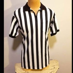 MAJESTIC REFEREE SHIRT VINTAGE 80S BLACK WHITE STRIPED SPORTS ATHLETIC RETR0 90S